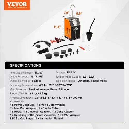 VEVOR Kfz-Rauchmaschine Rauchmaschine Lecksuchgerät 8 L/min, Auto-Rauchmaschine Luftmodus & Rauchmodus zwei Modelle, Lecksuchgerät mit Manometer & Luftpumpen, Lecksuchgerät für Nebelmaschinen – Bild 6
