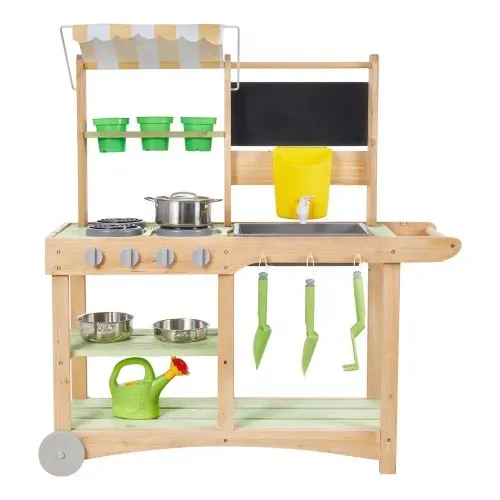 VEVOR Spielküche, Kinderküche, Spielzeugküche mit Löffeln, Spüle, Sonnenschutz, Schwenkrädern, Kochgeschirr & Zubehör, Holzküche, Ideal für Kinder ab 3 Jahren, 880x326x900 mm – Bild 10