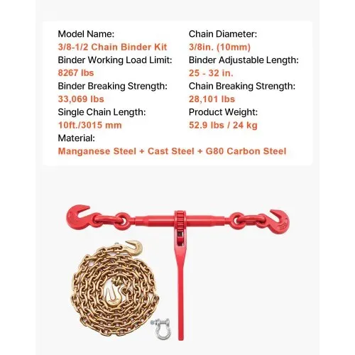 VEVOR Kette und Binder Kit 3/8in-1/2in, Ratsche Last Bindemittel 9215lbs Arbeitsstärke, Ratsche Bindemittel und Ketten, 3/8in x 10ft Ketten mit G70 Haken, für LKW, Tie Down, Schleppen, Abschleppen – Bild 2