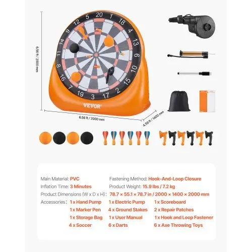 VEVOR aufblasbares Fußball-Dartboard, über 1,83 m hohes riesiges Fußball-Dartboard mit 4 Kickbällen & 6 Darts & 6 Äxten & Luftpumpe, ideal für riesige Gartenspiele, riesiges Kick-Darts-Spiel – Bild 6