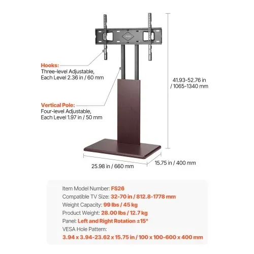 VEVOR Desktop TV-Ständer Fernsehständer für 812,8-1778 mm TVs bis zu 45 kg, ±15° Links-Rechts-Drehung & höhenverstellbare TV-Halterung für Ecke Schlafzimmer Wohnzimmer (max. 600 x 400 mm) – Bild 6