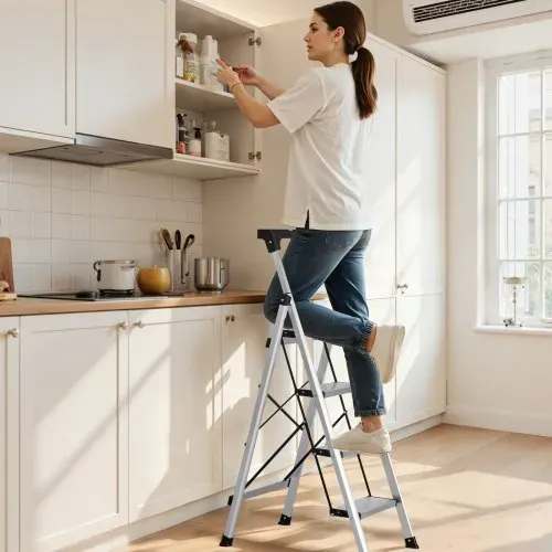 VEVOR Trittleiter 4 Stufen, Klappleiter mit Anti-Rutsch-Stufen & Komfortablem Handgriff, Haushaltsleiter Tragkraft 150 kg, Aluminium-Sicherheitsleiter für Küche, Haushalt, Lager & Büro, Silber – Bild 7