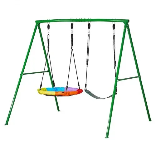 VEVOR Gartenschaukel mit A-förmigem Metallgestell, Doppelschaukel (1 Tellerschaukel & 1 Gurtschaukel), bis zu 199,6 kg Tragkraft, Schaukelset Outdoor, Verstärkt mit Spiralförmigen Bodenankern – Bild 10