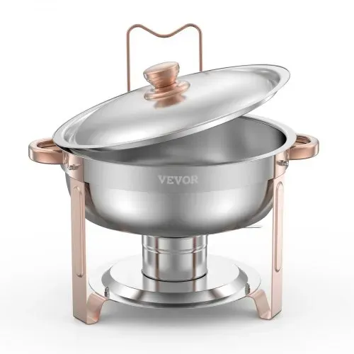 VEVOR Chafing Dish Buffet Speisenwärmer mit 4 Behältern in voller Größe (4,7 L pro), runder Catering-Wärmespender mit Deckel & Wasserpfanne & klappbarer Ständer, für Hochzeiten Partys Roségold – Bild 8
