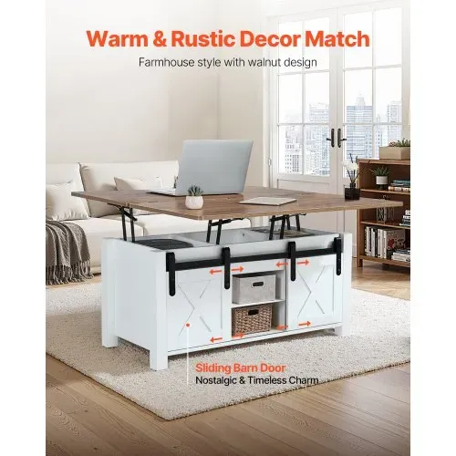 VEVOR Lift Top Couchtisch 100 cm, rustikaler Kaffeetisch mit Scheunentor & verstecktem Staufach, rechteckige Hubtischplatte für Wohnzimmer Büro Zuhause, Wohnzimmertisch Sofatisch Braun + Weiß VEVOR Lift Top Couchtisch 100 cm, rustikaler Kaffeetisch mit Scheunentor & verstecktem Staufach, rechteckige Hubtischplatte für Wohnzimmer Büro Zuhause, Wohnzimmertisch Sofatisch Braun + Weiß