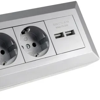 2-fach Steckdosenblock + 2x USB, silber 250V~/ 16A, Aufbaumontage, USB 3,1A 2-fach Steckdosenblock + 2x USB, silber 250V~/ 16A, Aufbaumontage, USB 3,1A