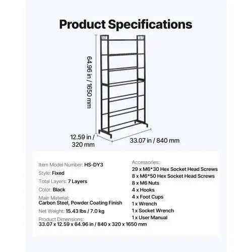 VEVOR Filament Lagerregal für 3D-Drucker, 7 Ebenen, Filamentspulenhalter, 840 x 320 x 1650 mm, Tragkraft 54,4 kg pro Ebene, 3D-Druckerzubehör für 3D-Druckstudio, Werkstatt, Schwarz – Bild 6