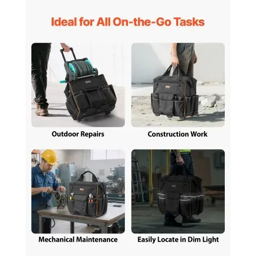 VEVOR Werkzeugtasche mit Rollen, Tragkraft 50 kg, 25 Taschen, Arbeitsrucksack mit verstellbarem Teleskopgriff & stabiler Basis, Werkzeugtaschen-Organizer für Elektriker, Baugewerbe, 460x270x430 mm – Bild 5