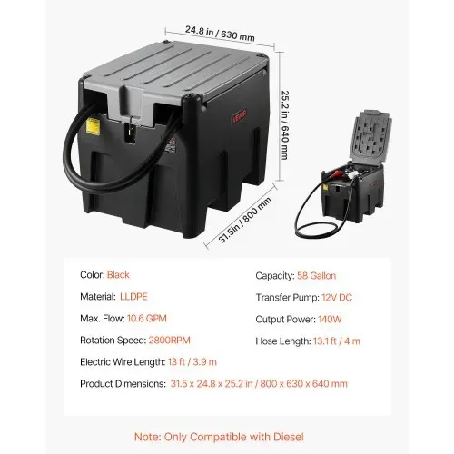 VEVOR Tragbarer Dieseltank, 220 L Fassungsvermögen & 48L/min Durchflussrate, Gaskraftstofftank mit 12 V Transferpumpe & 4 m Gummischlauch, PE-Diesel-Transfertanks für Kraftstofftransport, Schwarz – Bild 6