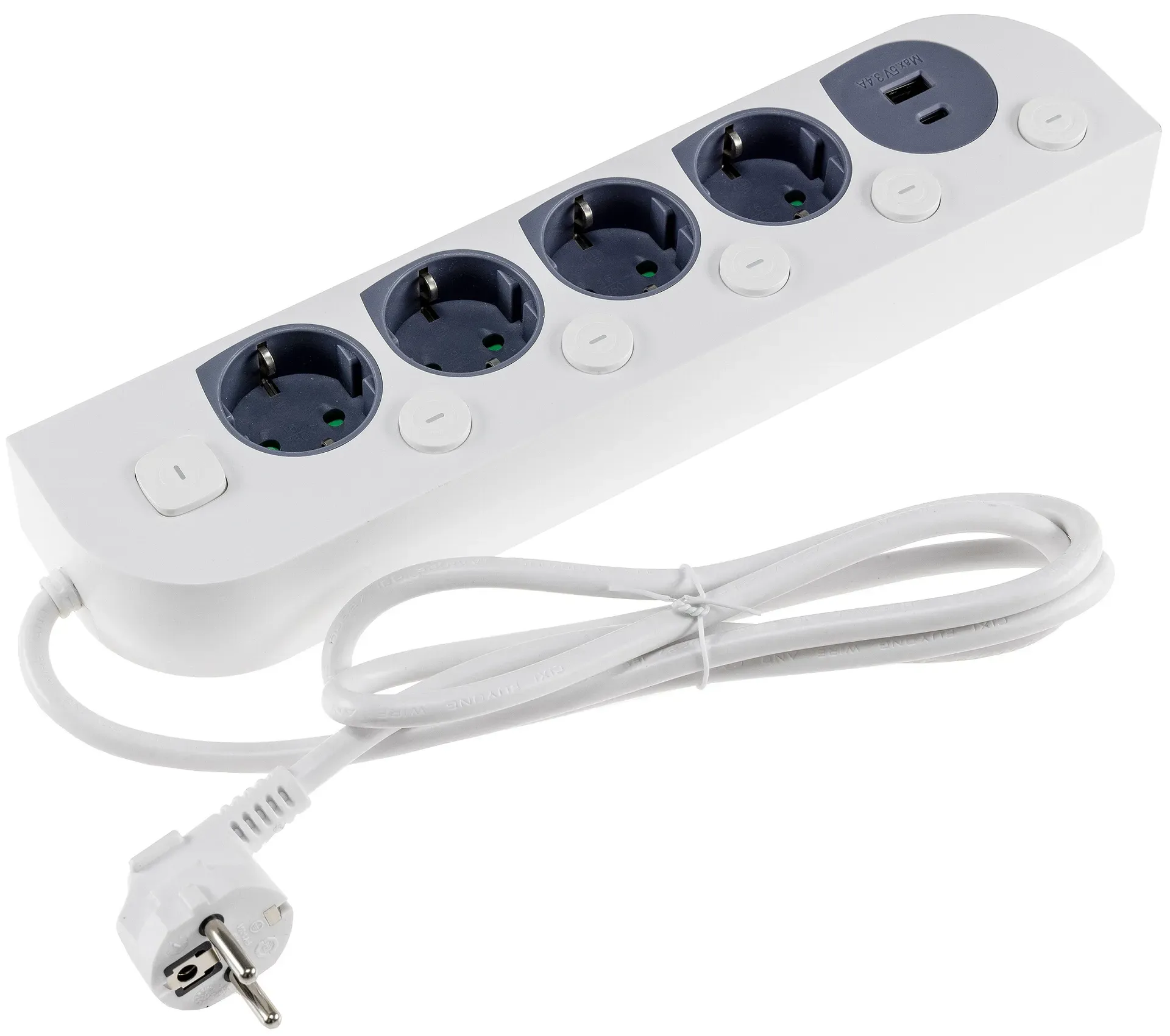 4-fach Steckdosenleiste mit Schalter USB-A / C, Einzelschaltung, 1,5m Kabel 4-fach Steckdosenleiste mit Schalter USB-A / C, Einzelschaltung, 1,5m Kabel