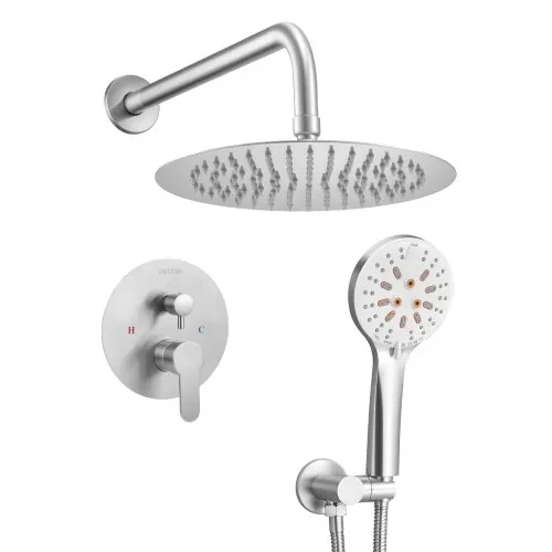 VEVOR Duscharmatur Regenduschsystem fürs Badezimmer Duschsystem mit 254 mm runden Regenduschkopf & Handbrause, wandmontierte Badezimmerarmaturen mit Messingventil & Zierset, gebürstetes Nickel – Bild 9