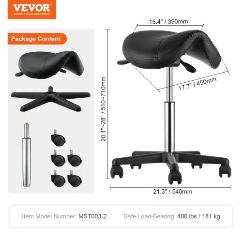 VEVOR Sattelhocker mit Rädern, 181 kg Gewichtskapazität, Ergonomischer Rollsattelhocker, Höhenverstellbar, Verdicktes PU-Leder, Drehsattelhocker, Stuhl für Salon, Spa, Klinik, Schwarz – Bild 6