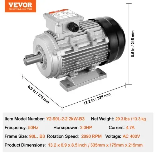 VEVOR 2,2 kW Elektromotor 2890 U/min, AC 400 V 4,7 A, 90 l, B3-Rahmen, Luftkompressormotor 3-phasig, 24 mm Keilwelle, Rechts-/Linkslauf für landwirtschaftliche Maschinen und allgemeine Geräte – Bild 6