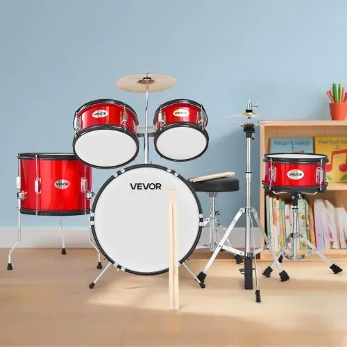 VEVOR Schlagzeug Set, 5-teilig, Drum Kit für Anfänger, inkl. Basstrommel, Snare, Tomtoms, Standtom, Crash-Becken, Hi-Hat mit Ständer, Musik-Lern-Instrumentenset, für Kinder von 6–13 Jahren (rot) – Bild 7