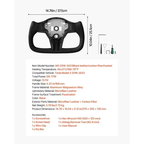 VEVOR Lenkrad für Tesla Model 3 (2016–2023), Volant aus Kohlefaser D-förmig, unten abgeflacht, mit Heizfunktion, Ledergriff mit rutschfester Oberfläche, Ersatzteil für Model 3, Schwarz – Bild 6