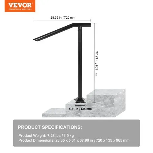 VEVOR Treppengeländer Stahl 102x71,3 cm Handlauf für 1 bis 3 Stufen Treppen Geländer 150 kg Traglast Eingangsgeländer formschön Handlauf Außen Rohrdicke 2 mm Schwarz Ideal für Outdoor-Garten Hinterhof – Bild 6