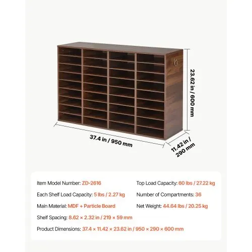 VEVOR Dokumentenablage Holz Schreibtisch Organizer mit 36 Fächern Braun, Ablagefach für Standard-A4-Dokumente Akten & Papiere, mit Verstellbaren Einlegböden für Büro, Zuhause & Klassenzimmer, MDF – Bild 6