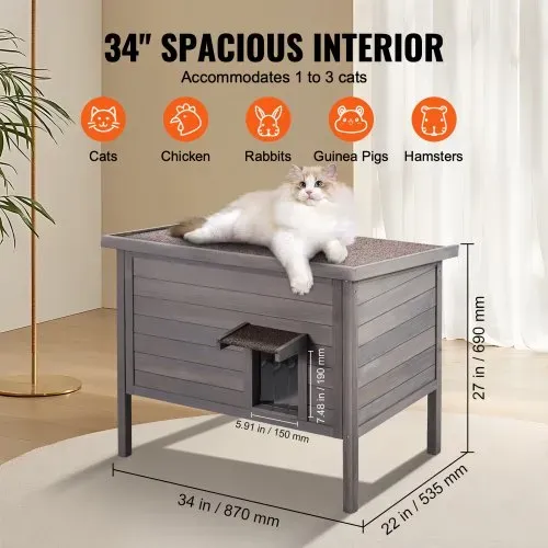VEVOR Katzenhaus für draußen, wetterfest, Unterschlupf für Wildkatzen für mehrere Katzen, Katzen-/Kaninchenhaus aus Holz für draußen, rundum schaumisoliert, offenes Dach, Türklappen aus PVC, 86,4 cm L x 56,4 cm B x 68,6 cm H – Bild 5