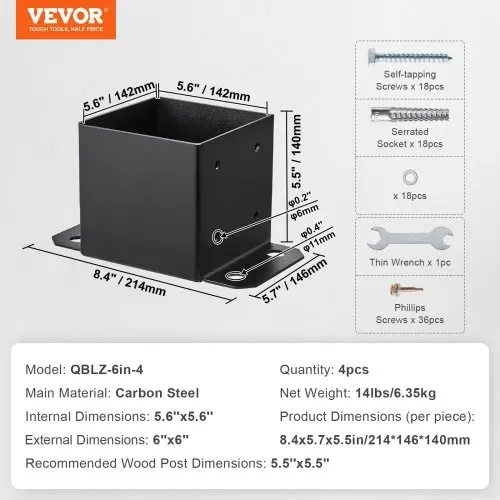 VEVOR 4er-Set Aufschraubhülse 214 x 146 x 140 mm Pfostenträger aus Kohlenstoffstahl mit Sprühbeschichtung Installation auf Beton-oder Holzböden Pfostenschuh Pfosten Ideal für Pergolen Verandageländern – Bild 6