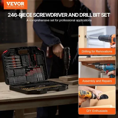 VEVOR Bohrerset 246-teilig, Bohrer- und Schrauberbit-Set, Schraubendreherbit-Set geeignet zum Bohren und Schrauben in Holz, Metall und Zement, Bohrer-Sets Kombi-Set sortiert in geordneter Tragkoffer VEVOR Bohrerset 246-teilig, Bohrer- und Schrauberbit-Set, Schraubendreherbit-Set geeignet zum Bohren und Schrauben in Holz, Metall und Zement, Bohrer-Sets Kombi-Set sortiert in geordneter Tragkoffer
