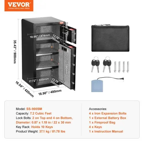 VEVOR Safe Tresor mit feuerfester Geldtasche, Doppeltüren-Safe 204 L, 2 höhenverstellbare Trennwände, digitaler Möbeltresor mit Schlüssel, Code, Safe für Geld Schmuck Wertsachen, Schwarz – Bild 6
