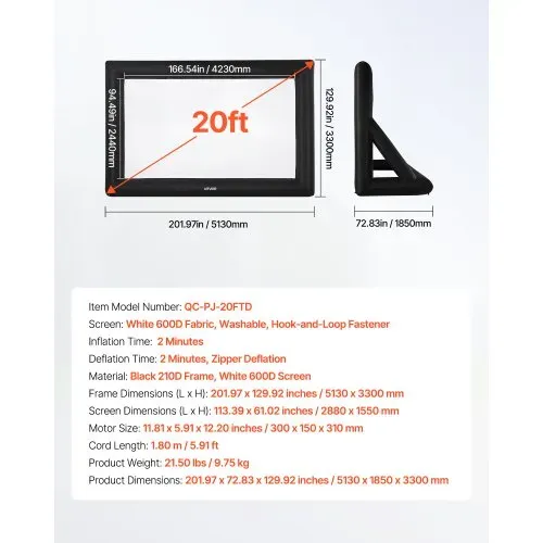 VEVOR aufblasbare Filmleinwand Projektion Beamer Leinwand aus 600D, Projektionsleinwand mit tragbarer Aufbewahrungstasche, 16:9, Filmprojektion für Heimkino Mottoparty Poolspaß (513 x 185 x 330 cm) – Bild 6