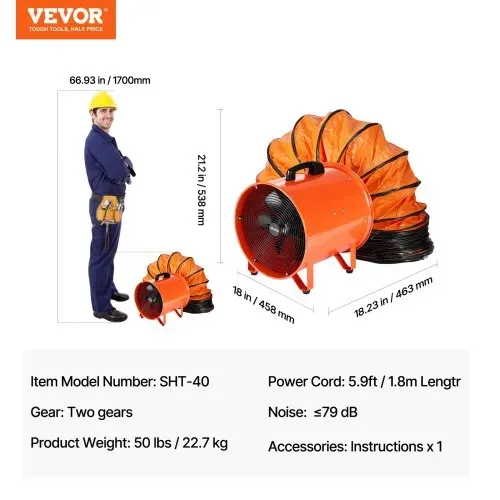 VEVOR Bauventilator 592-W-AC-Motor Baugebläse 2850 U/min Baulüfter Gebläse 5175 CFM (8792 m3/h) Axiallüfter 5 m Schlauch Axialgebläse 79 dB Geräuschpegel Industrielüfter IP44 – Bild 6