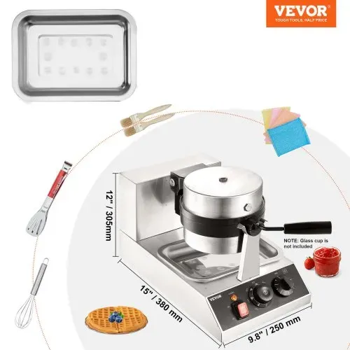 VEVOR Rundes Waffeleisen Waffel 1300 W, Kontaktgrill Belgische Waffeleisen 4 Stk. Edelstahl Waffeln Automat inkl. Lebensmittelclip & Bürsten & Verbrühungssicherer Griff, für Cafés, Restaurant usw. – Bild 6