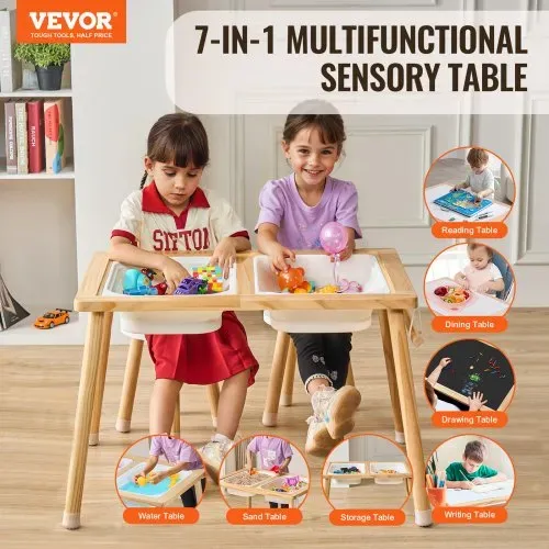 VEVOR Sensorisches Tischset Aktivitätstisch Kindersitzgruppe und Sand-und Wasserspieltisch mit 2 Hockern & 2 Aufbewahrungsbehältern & Papierrollenhalter, Kindertisch Holz – Geschenk für Kinder VEVOR Sensorisches Tischset Aktivitätstisch Kindersitzgruppe und Sand-und Wasserspieltisch mit 2 Hockern & 2 Aufbewahrungsbehältern & Papierrollenhalter, Kindertisch Holz – Geschenk für Kinder