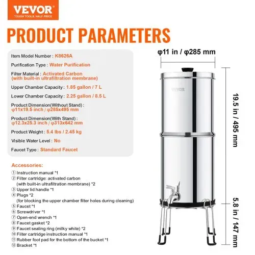 VEVOR Schwerkraft-Wasserfiltersystem, 2,25 G 304 Edelstahl-Arbeitsplatten-Wasserfiltersystem, reduziert Blei und bis zu 99 % Chlor, mit 2 Kohlefiltern/Zapfhahn/Ständer, für Zuhause, Camping, Wohnmobil – Bild 6