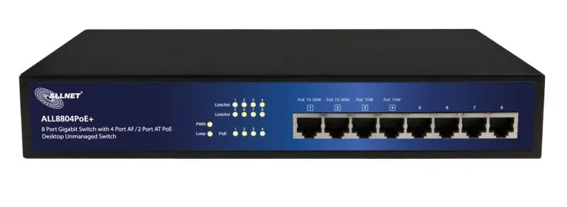 ALLNET Switch unmanaged 8 Port Gigabit 63W / 4x PoE+ / 4x LAN / Lüfterlos /19" / "ALL8804PoE+" – Bild 2