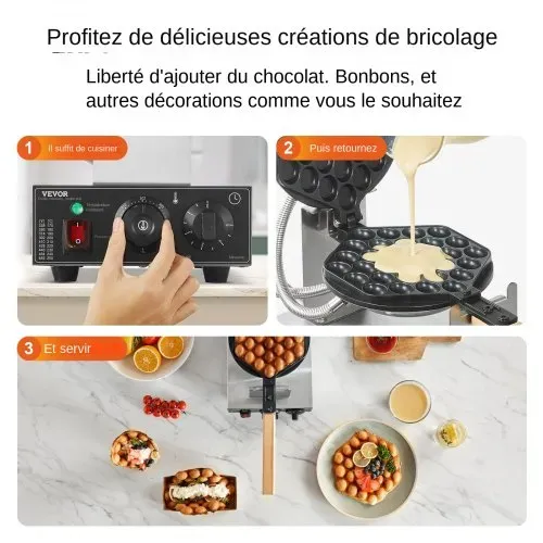 VEVOR kommerzieller Bubble-Waffelmaker Eierpfannkuchenmaschine 1400 W, Waffel Maker aus Edelstahl mit antihaftbeschichteter Backfläche, Temperatur- und Zeitregelung, für Restaurant Bäckerei Snackbar – Bild 5