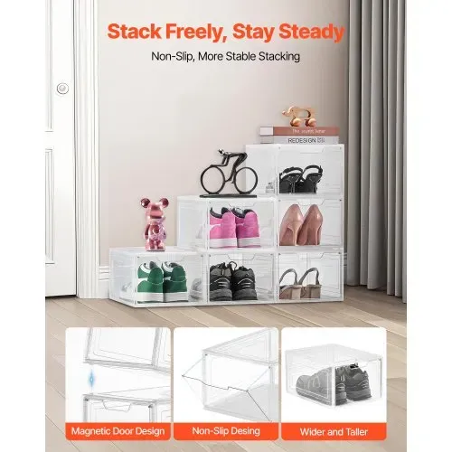 VEVOR Schuhaufbewahrungsboxen stapelbare Schuhboxen (6 Stk.) passend bis US-Größe 13, Schuh-Organizer aus PP/PET mit magnetischer Tür zur Aufbewahrung von High Heels & Stiefeln & Hüten, klar Weiß – Bild 2