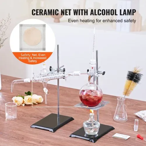 VEVOR Destillationsset für ätherische Öle, 500-ml-Destillationsgerät, 3,3-Boro-Laborglas-Destillationsset mit Alkohollampe, Keramiknetz und 24-, 40-Verbindung, 28-teiliges Set – Bild 4
