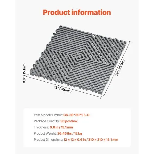 VEVOR ineinandergreifende Drainagematte Duschmatte 31 x 31 cm modulares ineinandergreifende Bodenmatten, 50 Stk. Spleiß-Drainagematten, rutschfeste Drainage-Bodenfliesen, für Garage Garten Grau – Bild 6