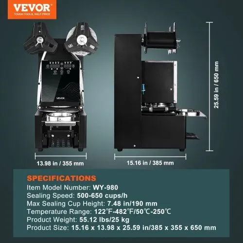 VEVOR Becherversiegelungsmaschine, 500–650 Tassen/h, Verschließmaschine für 190 mm hohe & 90/95 mm große Tassen, Elektrischer Boba-Tee-Versiegeler mit LCD-Bedienfeld für Bubble Milk Tea Coffee – Bild 6