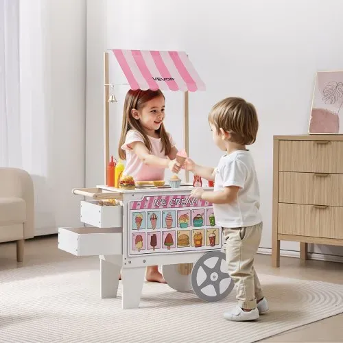 VEVOR Eiswagen für Kinder, 20+ Zubehörteile, Eisdielen-Spielzeugküche mit Eistüte, Markise & Gefrierschrank, Aufbewahrungsschubladen & umblätterbaren Speisekarten, für Kinder von 3–7 Jahren – Bild 7