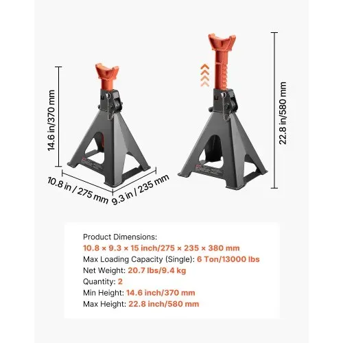 VEVOR Abstellböcke Unterstellböcke 6 t, Wagenheberständer 37-58 cm Höhenverstellbar, Stahlwagenbock mit Doppelverriegelung, zum Anheben von SUVs Pickups Pkw UTVs/ATVs, 1 Paar, 275 x 235 x 380 mm – Bild 6