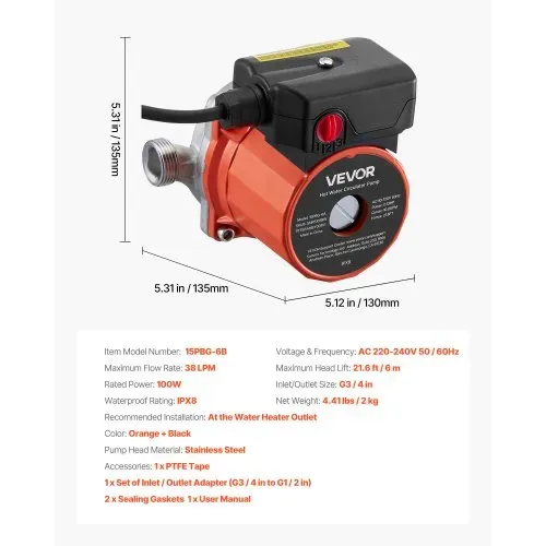 VEVOR Umwälzpumpe, 38 LPM, Umwälzpumpensystem mit sofortiger Zirkulation, 3-Gang-Steuerung, 100 W, AC 220–240 V, G3/4 Zoll auf G1/2 Zoll Adapter, Edelstahlkopf, für Warmwasserbereitersystem – Bild 6