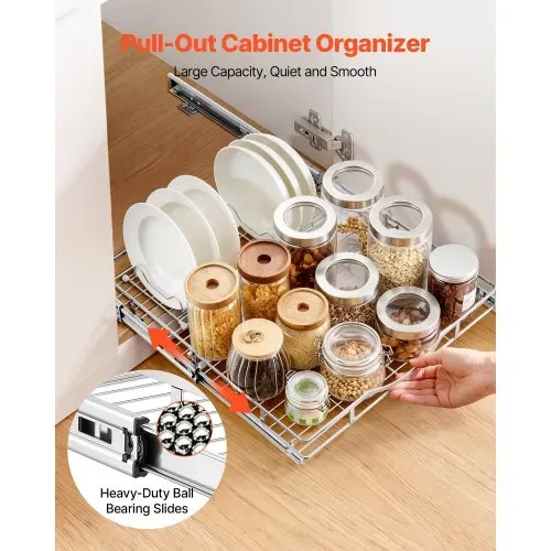 VEVOR Ausziehbarer Schrankorganizer 500 x 535 mm (B x T) aus Kohlenstoffstahl für Kochgeschirr, Gewürzgläser, Lebensmittel und Reinigungsmittel, Verchromte Oberfläche, Auszugsboden für Unterschränke – Bild 2