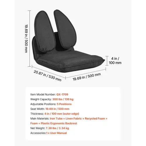 VEVOR Bodenstuhl, 5-Positionen Verstellbarer, Bodensessel mit Ergonomischer Rückenlehne, Metallrahmen, Schaumstoff & Leinenbezug, Relaxsessel Multifunktional zum Lesen & Entspannen, Schwarz – Bild 6
