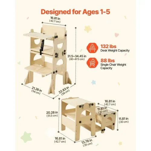 VEVOR Lernturm für Kinder im Alter von 1 bis 5 Jahren, Höhenverstellbarer Lernstuhl aus Holz, Montessori-Tisch- & Stuhlset, Learning Tower mit Tafel & Rückenlehne für Bad & Küchenarbeitsplatte VEVOR Lernturm für Kinder im Alter von 1 bis 5 Jahren, Höhenverstellbarer Lernstuhl aus Holz, Montessori-Tisch- & Stuhlset, Learning Tower mit Tafel & Rückenlehne für Bad & Küchenarbeitsplatte