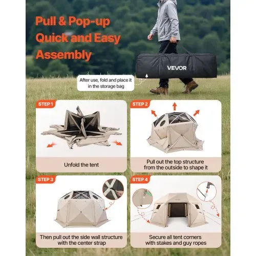 VEVOR Pop-up-Pavillon, 4,57 x 4,57 m, 13-seitiges, kugelförmiges Campingzelt mit abnehmbarem Dach und Tragetasche, 360°-Belüftung, Sonnenschutz, Partyzelt für 12–15 Personen, Beige – Bild 4