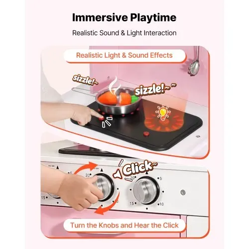 VEVOR Spielküche für Kinder, Kinderküche aus Holz mit Licht & Sound, Holzküche mit Herd Backofen Spüle Mikrowelle Eisspender & Getränkespender, Küchenspielzeug mit Kochset für Kinder ab 3 Jahren, Rosa – Bild 3