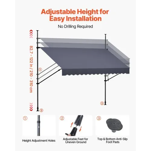 VEVOR Klemmmarkise 300 cm, Höhenverstellbare Markise mit Handkurbel, Terrassenmarkise UPF 80+ Sonnenschutz, Sonnenmarkise, Balkonmarkise, Ideal für Terrasse, Balkon & Garten, Dunkelgrau – Bild 6