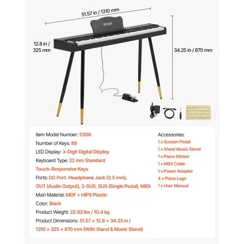 VEVOR Digitalpiano 88 Halbgewichtete Tasten Standardgröße E-Piano Schwarz für Anfänger, 600 Klangfarben, 600 Rhythmen, USB, MIDI, Audioausgang, Kopfhörerbuchse, Sustain-Pedal und HiFi-Lautsprechern – Bild 6