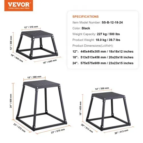 VEVOR 3-teilige Plyometrische Sprungboxen, 305/458/609 mm Plyometric Box Schwarz, Rutschfestes Fitness-Übungs-Step-Up-Box-Set für Heim-Fitness-Training, Konditions-Krafttraining, Jump Training Tragbar – Bild 6