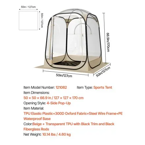 VEVOR Transparentes Zelt, 127x127x170 cm, Pop-up-Zelt für 1–2 Personen, Sportzelt mit Bodenmatte & oberer Abdeckung, Outdoor-Bubble-Zelt, Campingunterstand für Veranstaltungen, Angeln, Jubeln – Bild 6
