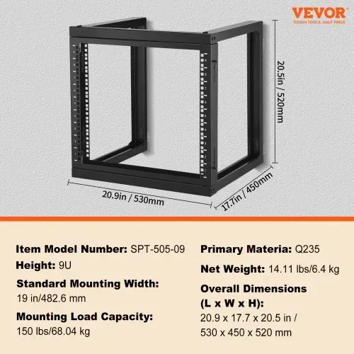 VEVOR 9U-Rack zur Wandmontage, 150 lbs/68,04 kg maximale Tragkraft, Server-Netzwerk-Rack mit offenem Rahmen und Käfigmutternschrauben, Karbonstahl 20,9 x 17,7 x 20,5 Zoll für 19 Zoll/482,6 mm AV- und Server-IT-Geräte, schwarz – Bild 6