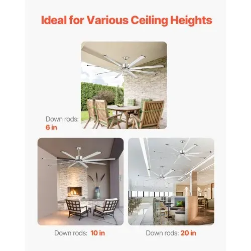 VEVOR 214 cm Deckenventilator ohne Beleuchtung, 6-Gang-Fernbedienung, 8 Flügel, umkehrbarer Gleichstrommotor, Ventilator für Schlafzimmer, Wohnzimmer, Terrasse, Innen-/Außenbereich, gebürstetes Nickel – Bild 5